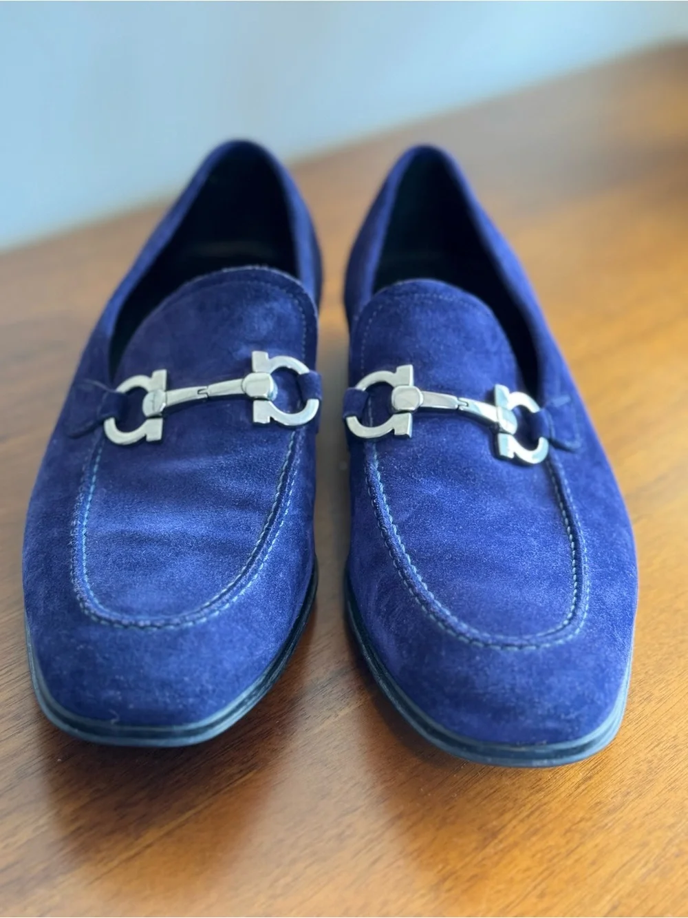 Salvatore Ferragamo Blue Suede Gancini Bit Loafers - Size 9 D